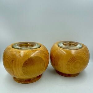 Hand turned wood candle holders set of two. Light wood made in NFLD Canada.